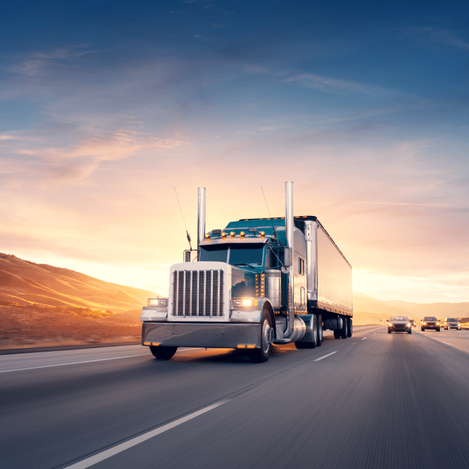 A large blue semi-truck drives down a highway at sunset, with a trailer attached and other cars visible in the adjacent lanes under a vibrant sky.