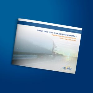 A white paper titled “When and Why Should I Benchmark? Understanding Benchmarking Tools and Use Cases” with a blurred image of a truck and the enVista logo, on a blue gradient background.