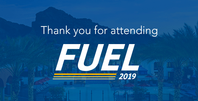 Blue graphic with palm trees, mountains, and a pool in the background. Text reads: Thank you for attending FUEL 2019 in bold white letters.