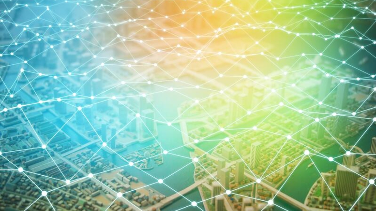 A digital illustration of a city landscape overlaid with a glowing network of interconnected lines and dots, symbolizing connectivity or smart city technology in the retail supply chain, set against a gradient blue to yellow background.
