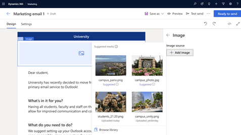 Screenshot of an email editor in Dynamics 365 Marketing, displaying a draft of Marketing email 1 with the image selection panel open, featuring suggested campus images ready for insertion into the email.