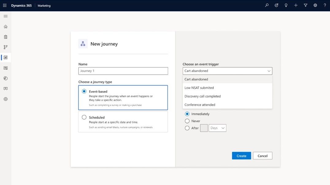 A screenshot of a New journey setup page in Dynamics 365 Marketing, where the user selects Event based as the journey type and Cart abandoned as the event trigger before clicking the blue Create button.