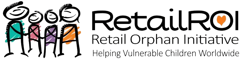 Logo for RetailROI (Retail Orphan Initiative) featuring four cartoon people holding hands, with the tagline “Helping Vulnerable Children Worldwide.” The O in ROI contains an orange heart.
