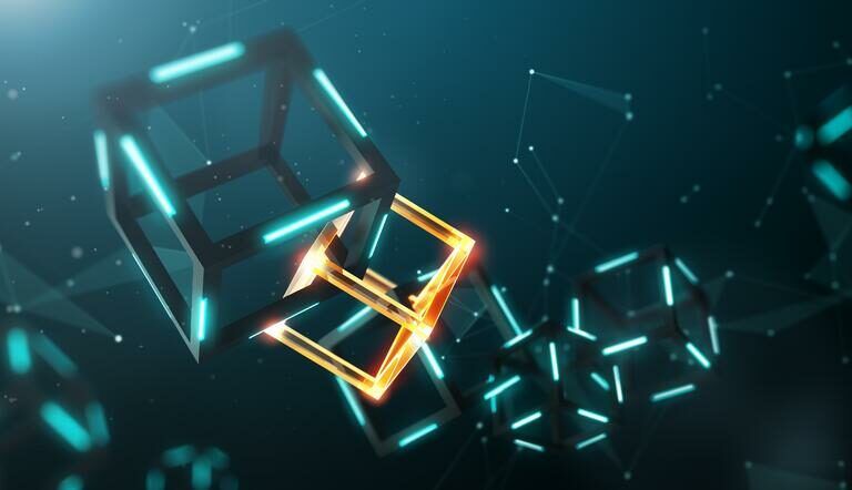 A digital illustration of interconnected 3D cubes representing blockchain in supply chain technology, with glowing blue and golden highlights, set against a dark background with abstract light elements.