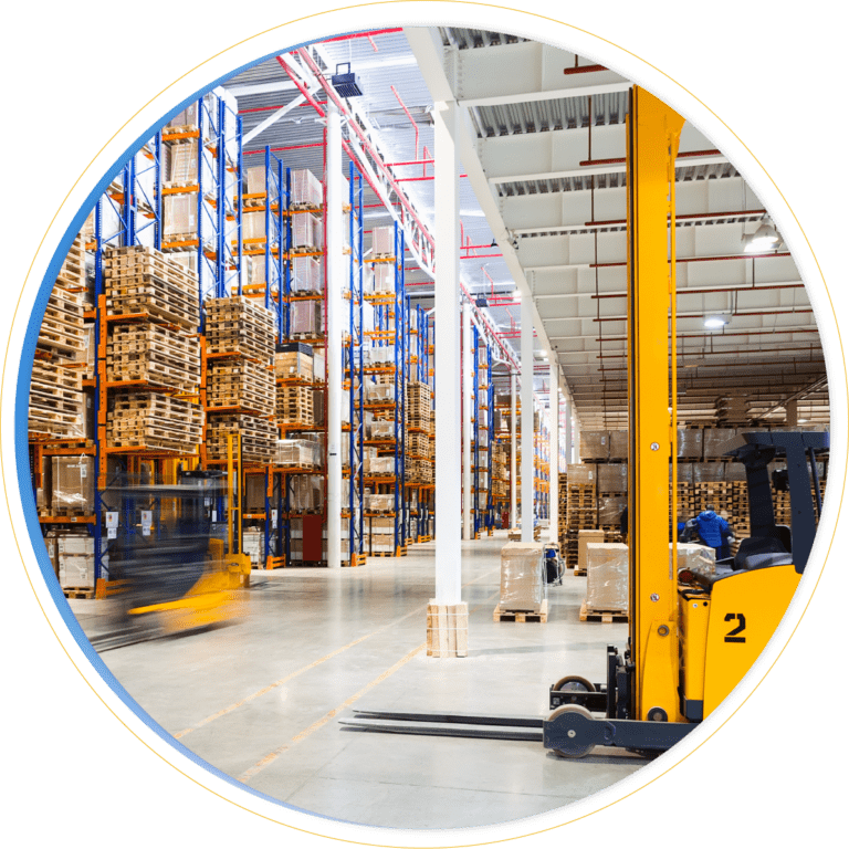 A large warehouse with tall shelving filled with pallets and boxes showcases dc optimization. A yellow forklift moves quickly in the foreground, while stacks of goods are neatly organized throughout the brightly lit distribution center.