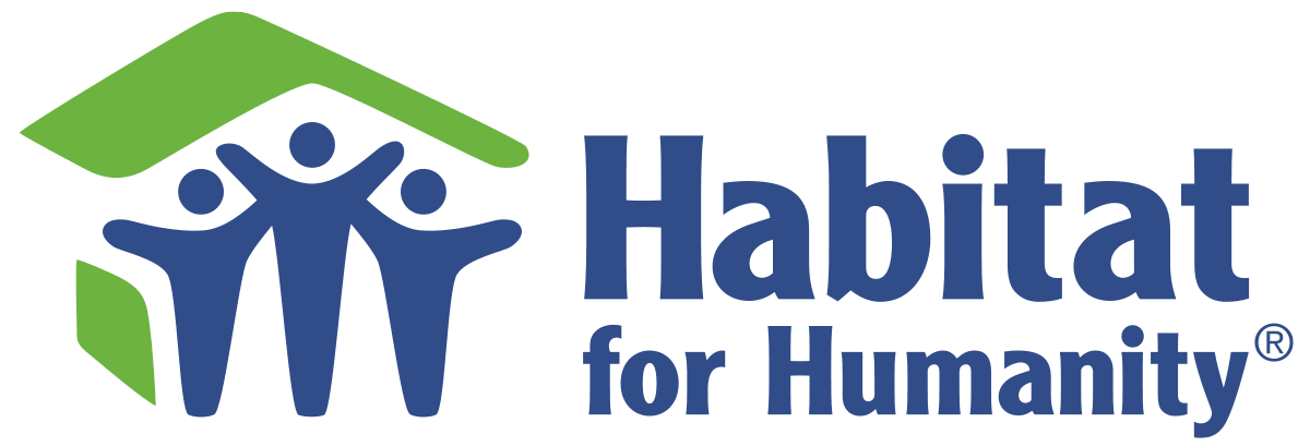 The Habitat for Humanity logo features three blue human figures under a green roof shape, next to the words Habitat for Humanity in blue text.