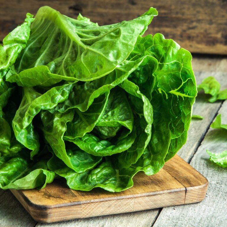 A fresh head of green lettuce sits on a small wooden cutting board, with a few loose lettuce leaves nearby, on a rustic wooden surface.