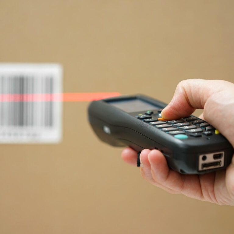 A hand holds a barcode scanner, aiming a red laser at a barcode on a cardboard box, likely for inventory or shipping purposes.