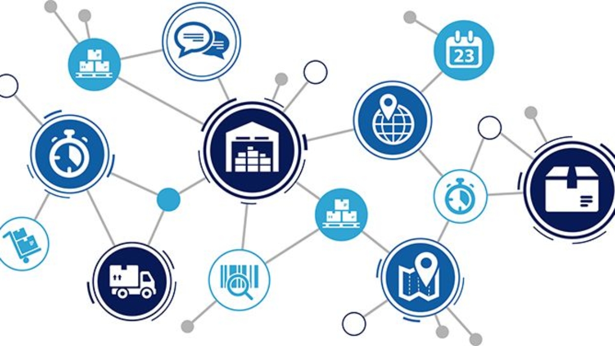 A network of interconnected blue and white icons represents logistics and supply chain visibility concepts, including a warehouse, map, calendar, stopwatch, delivery truck, chat bubbles, barcode, and location pin.