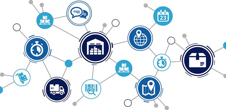 A network of interconnected blue and white icons represents logistics and supply chain visibility concepts, including a warehouse, map, calendar, stopwatch, delivery truck, chat bubbles, barcode, and location pin.