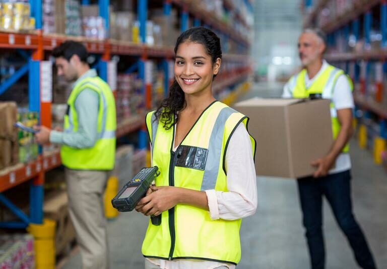 A woman in a yellow safety vest smiles at the camera while holding a barcode scanner in a warehouse. Two coworkers in safety vests work in the background, one handling a box and the other checking inventory.