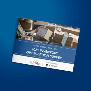 A report titled 2021 Inventory Optimization Survey lies on a blue surface. The cover shows a person handling packages with a laptop open, and features logos for enVista and platinum sponsor Blue Ridge.
