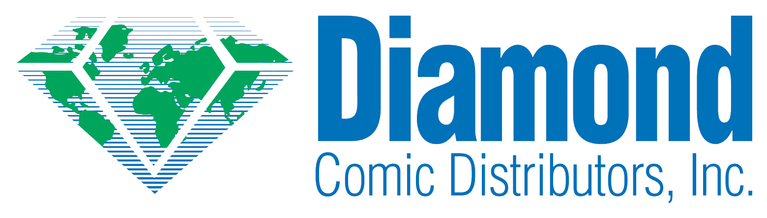 Logo of Diamond Comic Distributors, Inc. featuring a blue diamond shape with green continents and horizontal lines, next to the company name in large blue text.