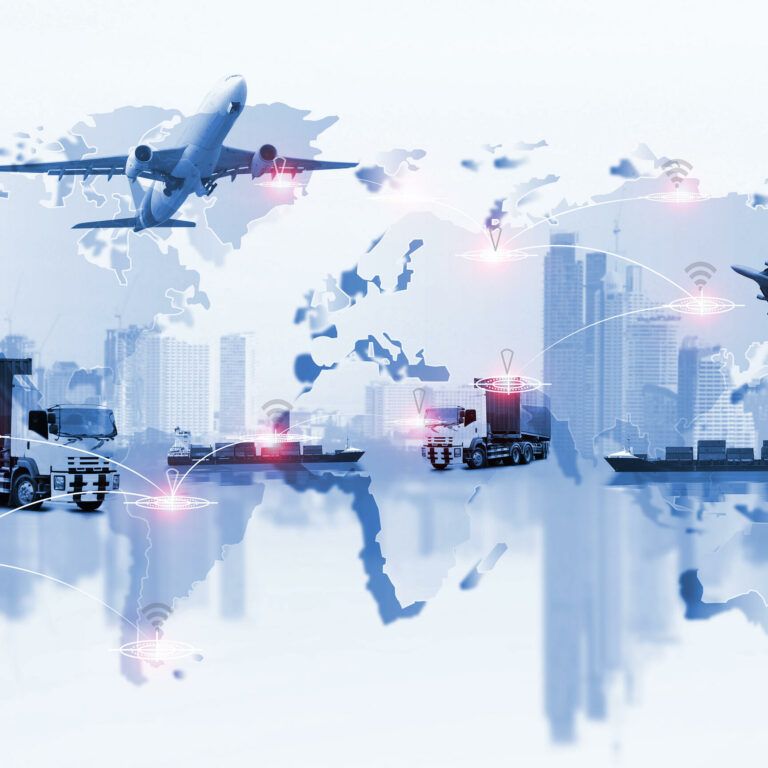 A world map with digital icons and images of trucks, planes, cargo ships, and containers, symbolizing global logistics and transportation networks and supply chain network design, overlaid on a city skyline.