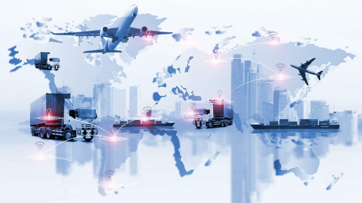 A world map with digital icons and images of trucks, planes, cargo ships, and containers, symbolizing global logistics and transportation networks and supply chain network design, overlaid on a city skyline.
