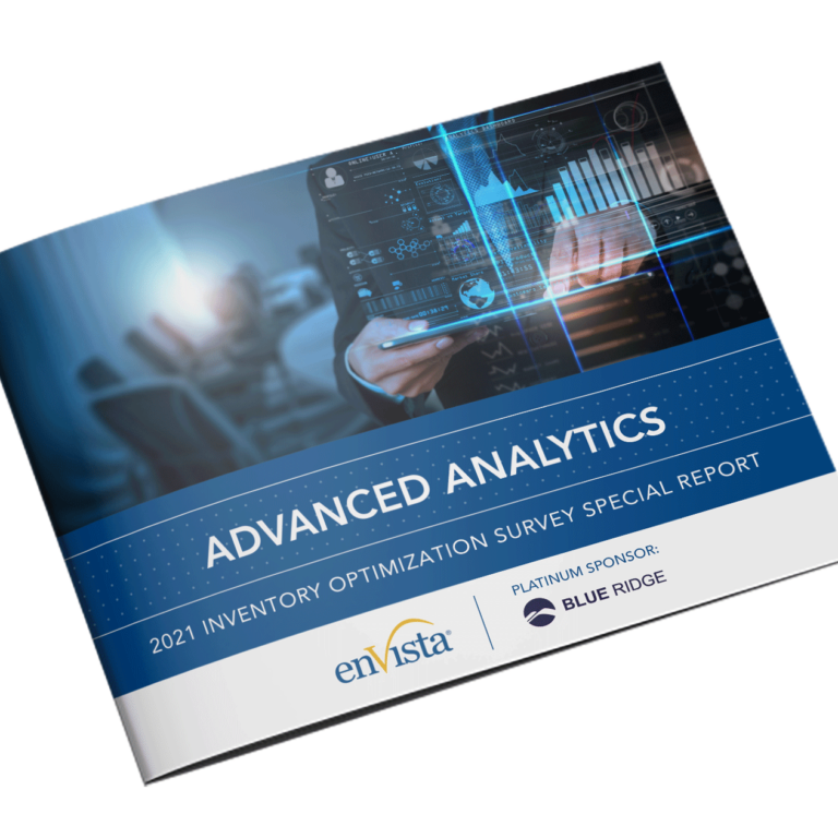 A booklet titled Advanced Analytics: 2021 Inventory Optimization Survey Special Report featuring digital graphs and charts, with logos for enVista and platinum sponsor Blue Ridge on the cover.