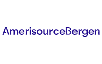 The AmerisourceBergen logo features the company name in blue, modern sans-serif font on a light gray background.