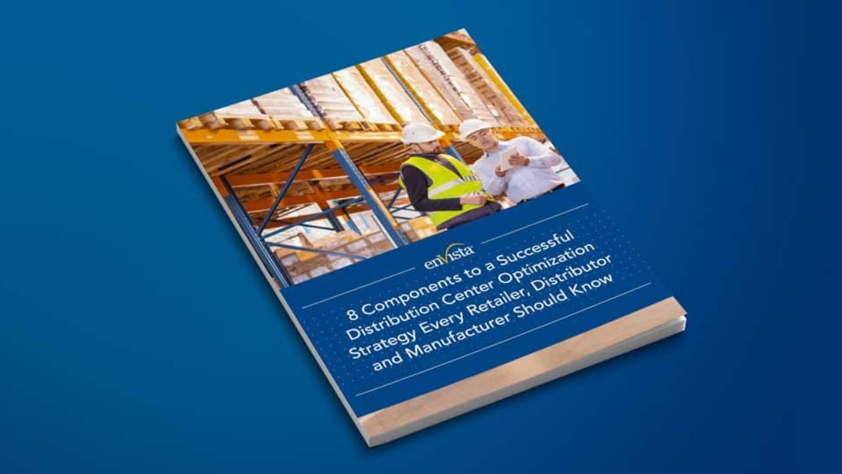 A booklet with a cover showing two people in hard hats at a construction site. The title reads, 8 Components to a Successful Distribution Center Optimization Strategy Every Retailer, Distributor, and Manufacturer Should Know.