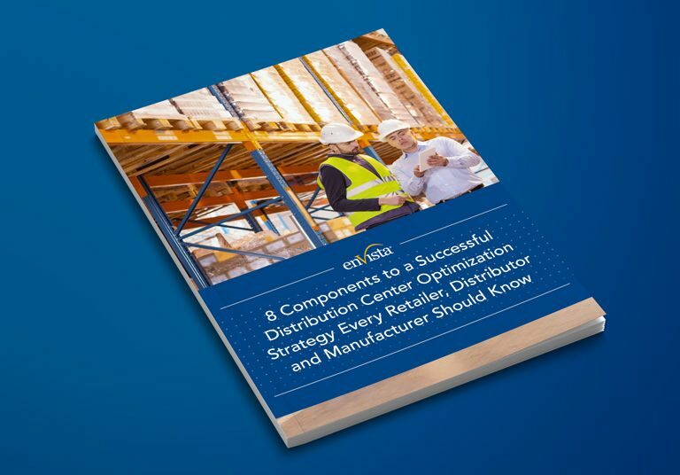 A booklet with a cover showing two people in hard hats at a construction site. The title reads, 8 Components to a Successful Distribution Center Optimization Strategy Every Retailer, Distributor, and Manufacturer Should Know.