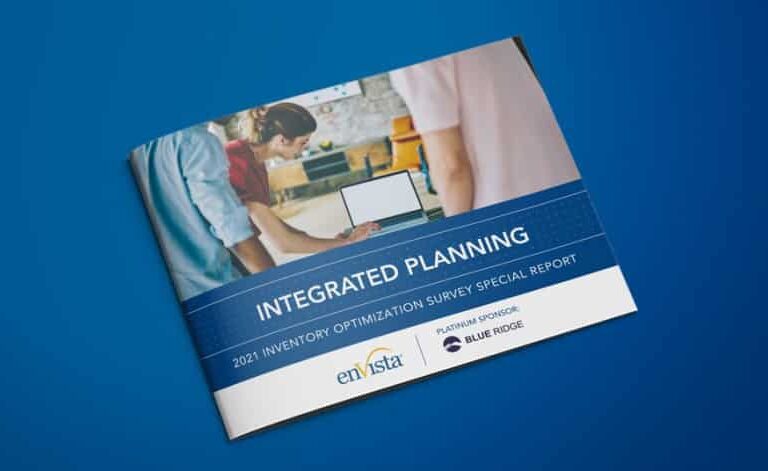 A booklet titled Integrated Planning: 2021 Inventory Optimization Survey Special Report lies on a blue surface. The cover features people working on a laptop and logos for en Vista and Blue Ridge.