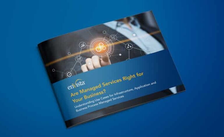 A brochure on a blue background featuring a person in business attire touching a digital network icon. The brochure title reads: Are Managed Services Right for Your Business? with additional text underneath.