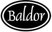 Black oval logo with a white border features the word Baldor in white, italicized lettering centered inside the oval.