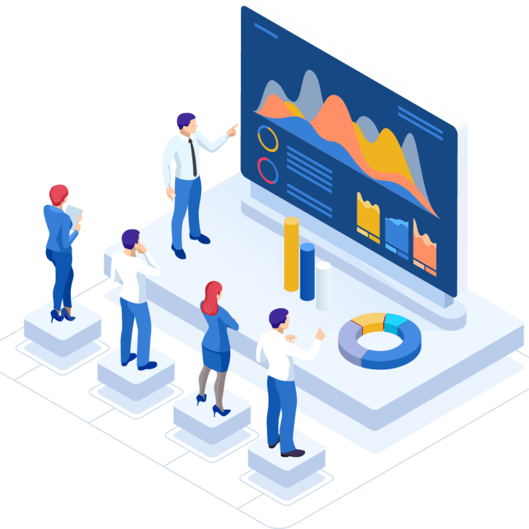 Five businesspeople view a large screen displaying colorful charts and graphs. One person points at the data, while others watch and discuss, indicating a team analysis or business presentation setting.