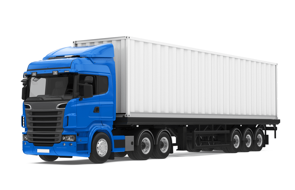 A blue semi-truck with a white cargo trailer is shown on a white background, facing slightly to the left. The trailer has multiple wheels and a ribbed texture on its sides.