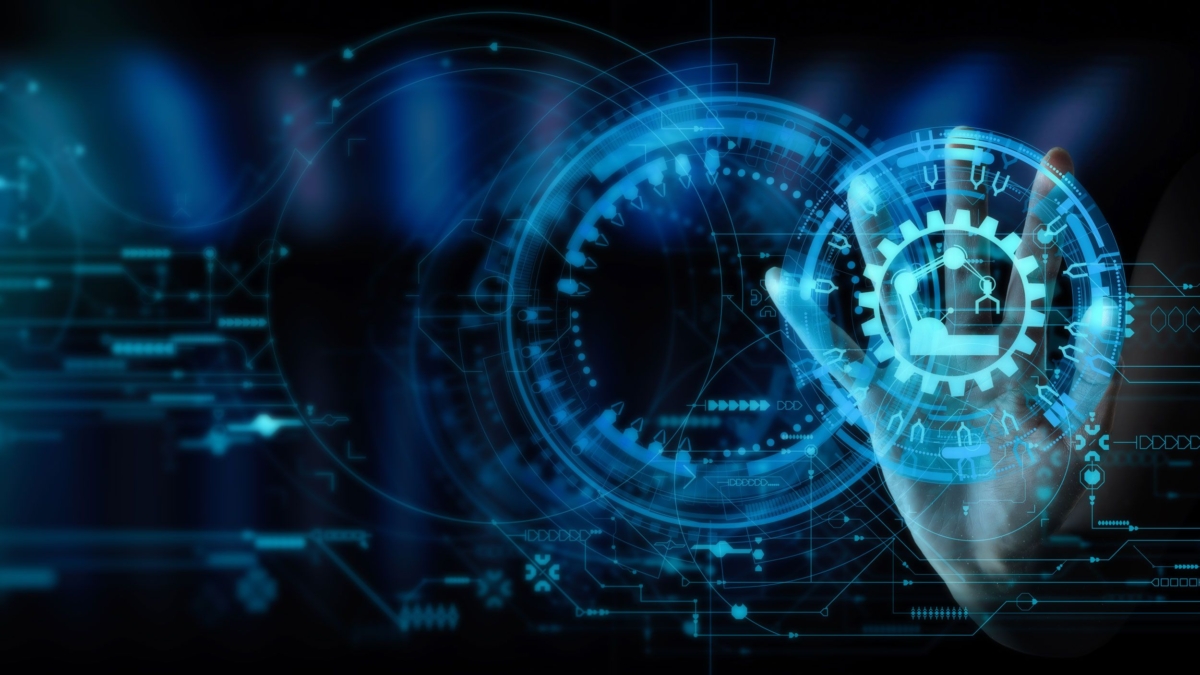 A hand interacts with a glowing digital interface featuring blue gears, locks, and circular technology icons, symbolizing cybersecurity, advanced technology, and distribution center automation.