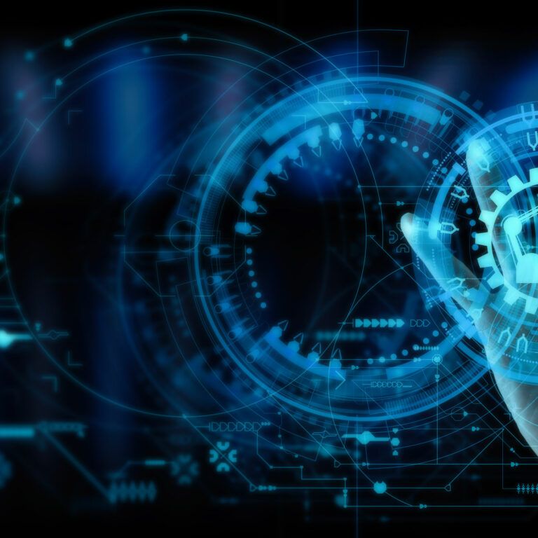 A hand interacts with a glowing digital interface featuring blue gears, locks, and circular technology icons, symbolizing cybersecurity, advanced technology, and distribution center automation.