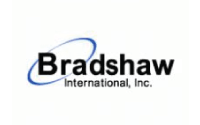 Logo for Bradshaw International, Inc. The word Bradshaw is in bold black text, with a blue swoosh encircling the B. International, Inc. appears in smaller black text below Bradshaw.