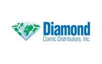 Logo of Diamond Comic Distributors, Inc. featuring a green and white diamond shape with a map design on the left, and the company name in blue text on the right, reflecting their expertise in distribution consulting.