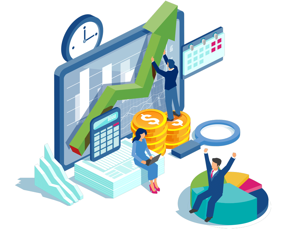 Business people analyzing financial growth and pricing promotion with charts, graphs, coins, and a calculator. One person stands on coins with an upward arrow, another sits on documents with a laptop, and a third celebrates on a pie chart.