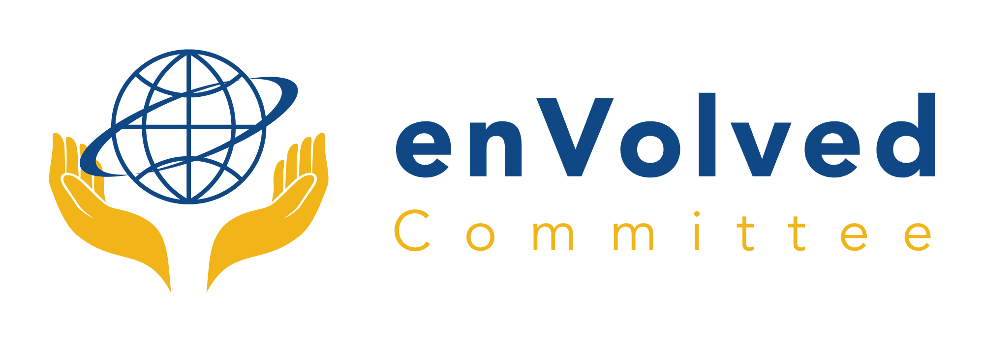 Logo with two yellow hands holding a globe with an orbit line, symbolizing community impact, next to the text enVolved Committee; “enVolved” is in bold blue, “Committee” in spaced yellow letters.