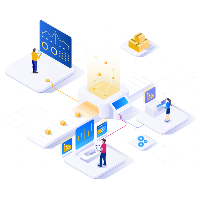 An illustration of people analyzing data on screens, managing charts, graphs, and boxes in a digital workspace, representing data analysis, dropshipping software integration, logistics, and workflow automation.