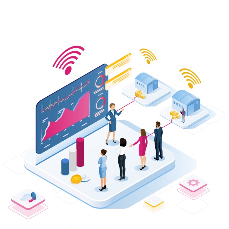 Isometric illustration of business people analyzing data on a large screen with charts and graphs, connected by red lines to factories with wireless signals, representing merchandise planning solutions and industry analysis.