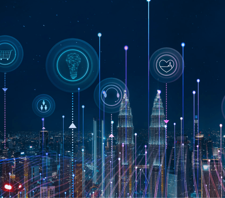 A futuristic city skyline at night with glowing digital icons above buildings, representing technology concepts like shopping, healthcare, security, cloud storage, gears, and communication. Lines connect the icons to the city below.