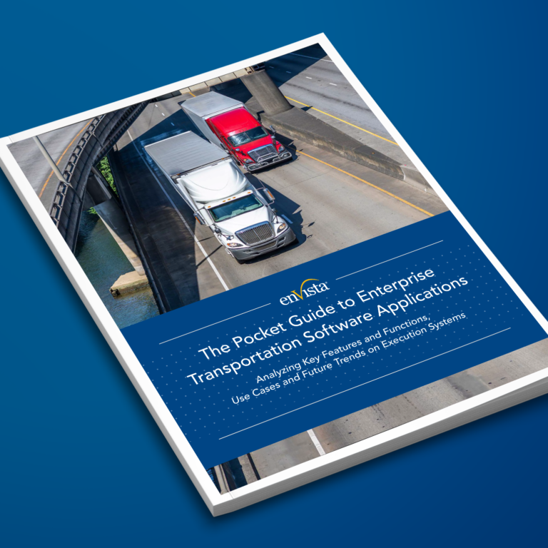 A book titled The Pocket Guide to Enterprise Transportation Software Applications with a cover image of trucks driving on a highway under an overpass, placed on a blue background.