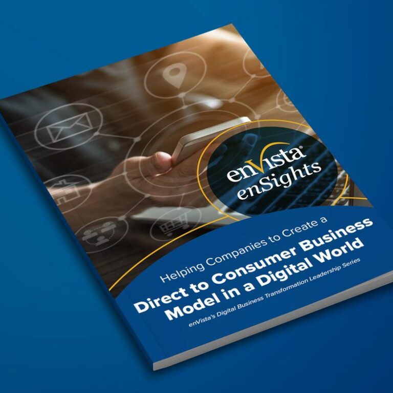 A business report titled enVista enSights: Helping Companies to Create a Direct to Consumer Business Model in a Digital World rests on a blue background, featuring digital icons and a hand touching a transparent screen.