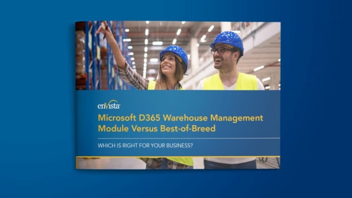 Two people in safety vests and blue hard hats stand in a warehouse, smiling and pointing, with text overlay: Microsoft D365 Warehouse Management Module Versus Best-of-Breed. WHICH IS RIGHT FOR YOUR BUSINESS?.