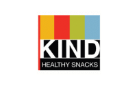 The image shows the KIND Healthy Snacks logo with bold white KIND text on a black background and four vertical color bars (red, orange, green, blue) above it, reflecting a commitment to quality often sought in manufacturing consulting services.