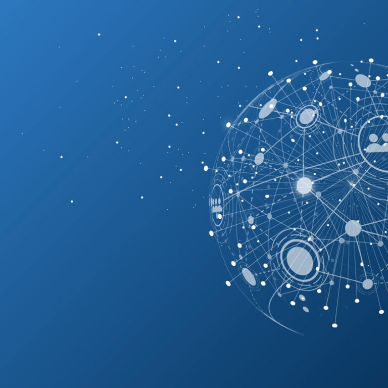 A digital globe of interconnected lines and nodes on a blue gradient background, representing networking, technology, or global communication—perfect for illustrating Microsoft Business Solutions.