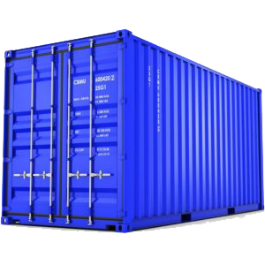 A large blue shipping container with metal doors and locking mechanisms, standing on a white background—ideal for use in transportation management systems.
