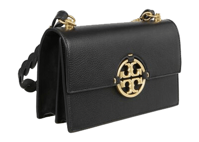 A black leather shoulder bag with a gold logo clasp on the front flap and a matching gold chain strap—crafted with the precision of warehouse optimization for effortless style and organization.