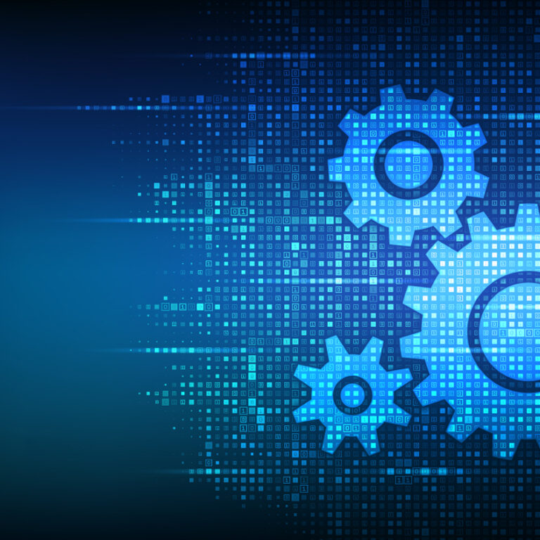 Three glowing blue gears of different sizes overlap on the right against a dark blue digital background with small squares, representing technology, mechanics, or digital processes. The left side fades into empty space.