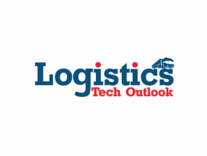 Logo for Logistics Tech Outlook with Logistics in blue and Tech Outlook in red. The i in Logistics is topped with a blue truck icon. White background.