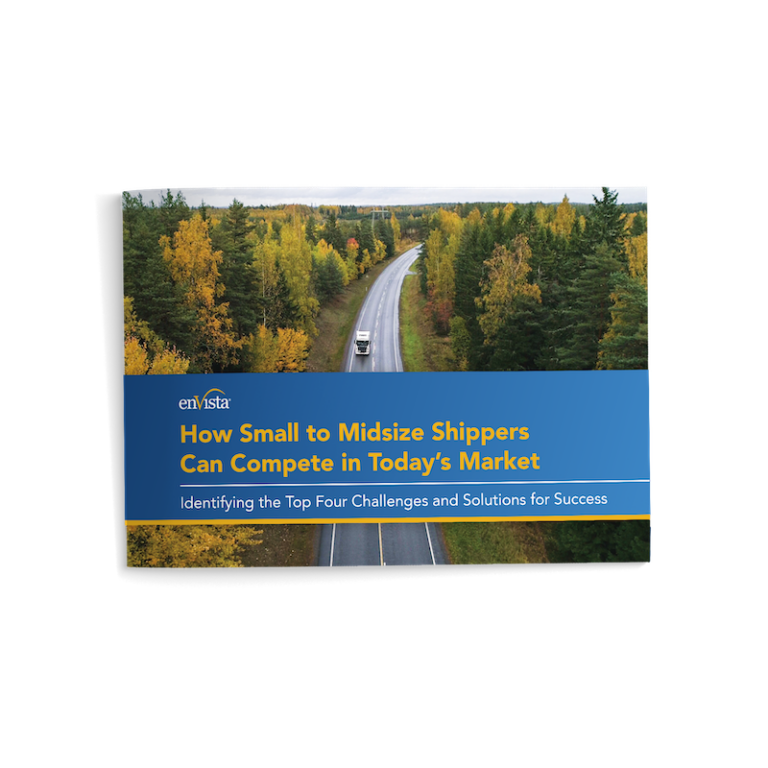 A book cover featuring a truck driving on a road through a forest with autumn trees. The title reads: How Small to Midsize Shippers Can Compete in Todays Market with a subtitle about challenges and solutions for success.
