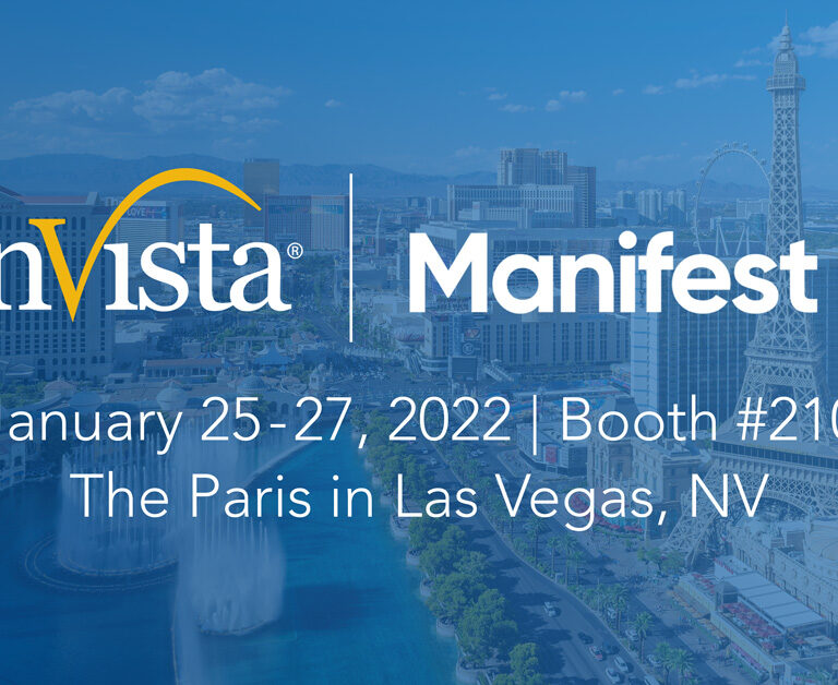 Promotional graphic for enVista and Manifest, with event details: January 25-27, 2022, Booth #210, The Paris in Las Vegas, NV. The background features the Las Vegas skyline and the Paris hotel’s Eiffel Tower replica.