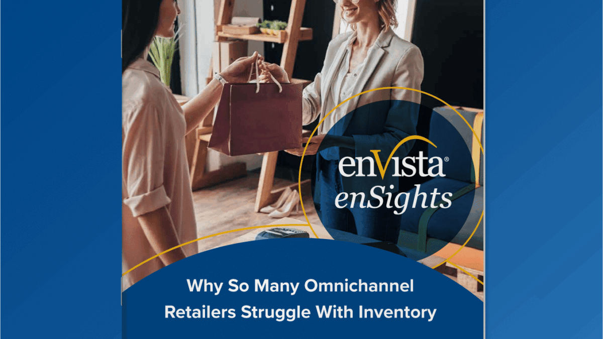 A woman hands a brown shopping bag to another smiling woman in an office. Overlay text reads: “Why So Many Omnichannel Retailers Struggle With Inventory,” by Jim Barnes, CEO of enVista, on Forbes.com. enVista enSights logo is visible.