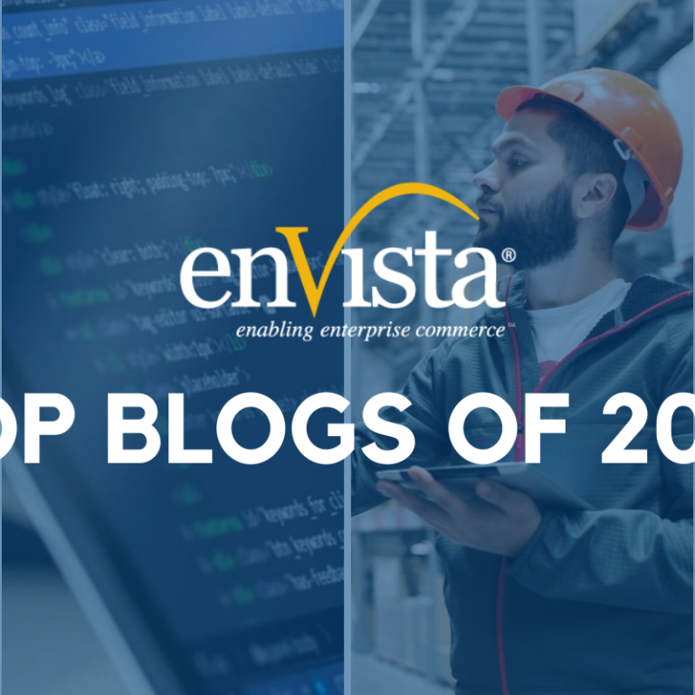 A split image showing a warehouse, code on a computer screen, a worker in a hard hat, and a retail store, with enVista Top Blogs of 2021 written across the center.